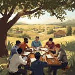2 Day Apostolic Church Planting Training - Simplicity Church Network Group of diverse individuals engaged in collaborative training session outdoors, focused on church planting strategies and disciple-making methods, surrounded by a pastoral landscape.