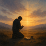 21 Day Prayer and Fasting Guide - Simplicity Church Network Person kneeling in prayer with a Bible and coffee cup, bathed in warm sunset light, symbolizing spiritual renewal and intimacy with God.