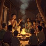 Bible Story Telling Manual - Simplicity Church Network Man sharing Bible stories around a campfire with a group, emphasizing oral storytelling for discipleship and community engagement.