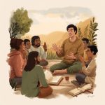 Bible Story Telling Trainer - Simplicity Church Network Illustration of a group of diverse individuals engaged in oral Bible storytelling, seated in a circle outdoors, with a facilitator sharing stories, symbolizing community, discipleship, and Spirit-led learning in a church planting context.