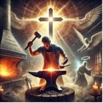Foundry - Simplicity Church Network Man forging metal at an anvil with a glowing cross and angels in the background, symbolizing spiritual transformation and discipleship, relevant to resources for church planters and leaders.