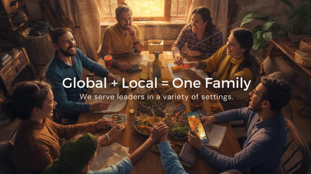 Show a diverse group of people from different backgrounds and nations interacting joyfully, whether gathered around a table