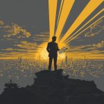 Kingdom Entrepreneur Field Manual - Simplicity Church Network Silhouette of a man standing on a rocky outcrop against a vibrant sunrise, symbolizing kingdom entrepreneurship and marketplace influence in a Spirit-led context.