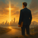 Kingdom Entrepreneur Field Manual. - Simplicity Church Network Business professional standing before a glowing cross at sunset, symbolizing faith-driven entrepreneurship and kingdom impact in the marketplace.