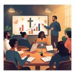 Kingdom Entrepreneur Workshop - Simplicity Church Network Group of diverse individuals engaged in a workshop, discussing spirit-led entrepreneurship with a presentation featuring a cross and growth charts in the background.