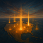 Regional Prayer & Fasting Event Schedule - Simplicity Church Network Map of North America with beams of light emanating from various locations, symbolizing strategic prayer and fasting events for regional revival and intercession.