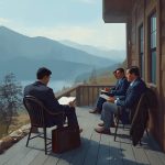 Recharge and Renewal Guide for Business Leaders - Simplicity Church Network Three business leaders in suits engaged in discussion on a scenic porch, overlooking mountains, reflecting themes of renewal, leadership alignment, and spiritual vitality.