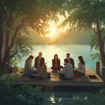 Recharge and Renewal Guide for Pastoral Teams - Simplicity Church Network Group of pastoral leaders engaged in reflection and discussion by a serene lakeside at sunset, emphasizing soul care and team unity in ministry contexts.
