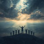 Regional Warfare Prayer Guide - Simplicity Church Network Group of individuals standing on a hilltop with raised arms, symbolizing unified prayer and intercession, under dramatic clouds and rays of light, representing hope and spiritual breakthrough.
