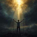 Spiritual Warfare and Healing Manual - Simplicity Church Network Person standing with arms raised in a dramatic landscape, illuminated by a bright light from above, symbolizing spiritual empowerment and victory in spiritual warfare.