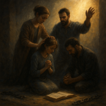 Spiritual Warfare and Healing Training Guide - Simplicity Church Network Group of believers in prayer, seeking healing and freedom, with a focus on biblical authority and spiritual warfare, surrounding an open book symbolizing scripture and ministry protocols.