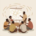 Train the Trainer Facilitator’s Workbook. - Simplicity Church Network Group of diverse individuals engaged in a training session, discussing concepts illustrated on a flip chart, emphasizing collaborative learning and leadership development in a discipleship context.