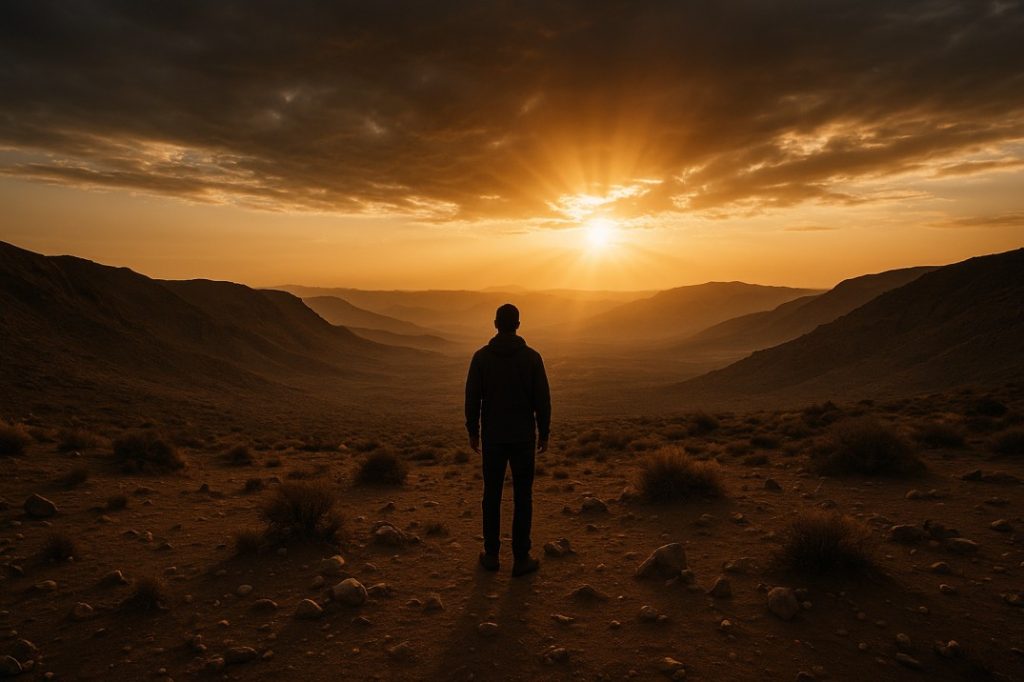 A lone figure stands at the edge of a vast desert valley at sunrise, surrounded by rugged mountains and glowing golden light, symbolizing calling in desolate places.