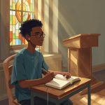 sermon preparation for young preachers - Simplicity Church Network Young preacher studying scripture at a desk in a church setting, with sunlight streaming through a stained glass window, emphasizing a spirit-led approach to sermon preparation.