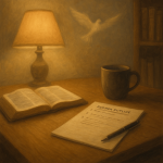 sermon prepartion made simple - Simplicity Church Network Table with an open Bible, a notepad titled "Sermon Prep," a pen, and a coffee cup, illuminated by a lamp, symbolizing Spirit-led sermon preparation and biblical study for church leaders.