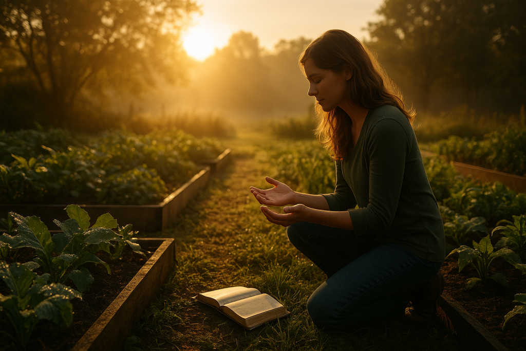 A young woman kneels in a sunlit garden at sunrise, hands open in prayer, surrounded by raised garden beds filled with plants. A Bible rests beside her on the soil, and warm golden light filters through the trees, creating a peaceful, reflective atmosphere.