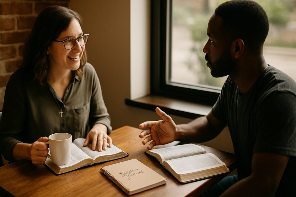 Two people sitting at a wooden table by a window, engaged in a Bible study. A woman with glasses and a cross necklace holds a coffee mug, smiling, while a man with a beard gestures as he speaks. Both have open Bibles and a notebook labeled "Spiritual Journal" in front of them. Sunlight streams through the window, creating a warm, peaceful atmosphere.
