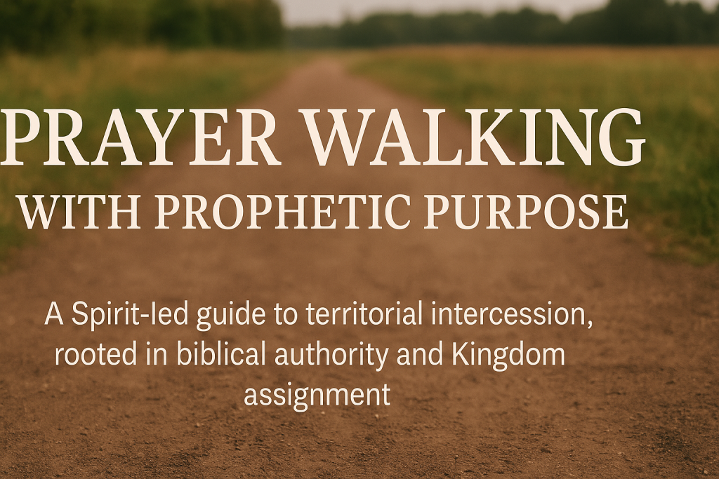 A wide-angle image of a dirt path leading into the distance, bordered by grassy fields and trees, with bold white text reading “Prayer Walking with Prophetic Purpose” and a subtitle about Spirit-led intercession rooted in biblical authority and Kingdom assignment.