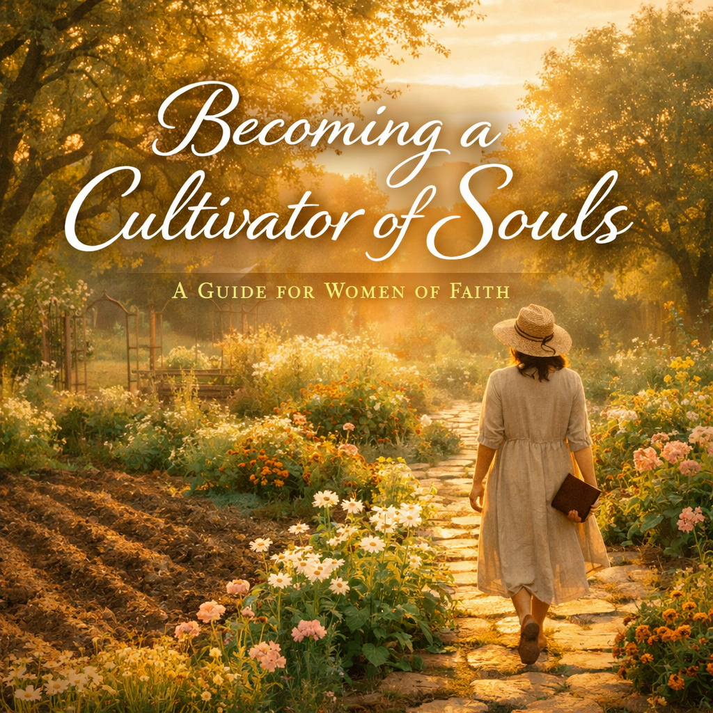 A wide-angle view of a peaceful garden at sunrise with soft golden light, blooming flowers, and a woman walking slowly on a stone path holding a journal, symbolizing spiritual cultivation and rest.