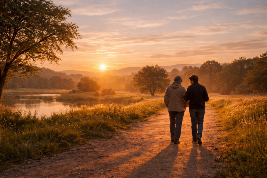 Two people walking side by side on a peaceful trail at sunset, surrounded by soft golden light and nature, symbolizing gentle, relational discipleship and emotional care.