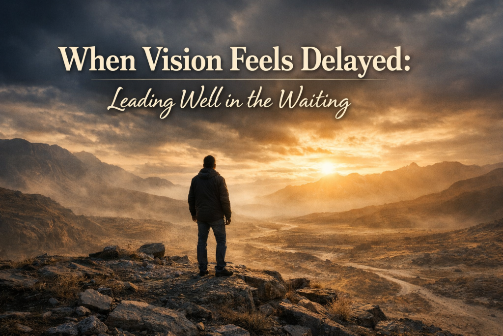 A lone figure stands on a rocky overlook at sunrise, facing a vast desert landscape, with the text “When Vision Feels Delayed: Leading Well in the Waiting” overlaid.