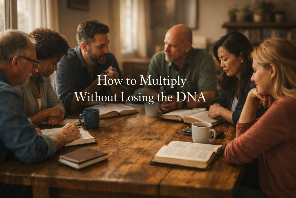 A warm, cinematic portrait of a diverse group of six adults gathered around a rustic wooden table in a softly lit room, engaged in Bible study and conversation. Open Bibles, notebooks, and coffee mugs rest on the table as natural window light casts gentle shadows across the scene. The overlaid title reads, “How to Multiply Without Losing the DNA.”
