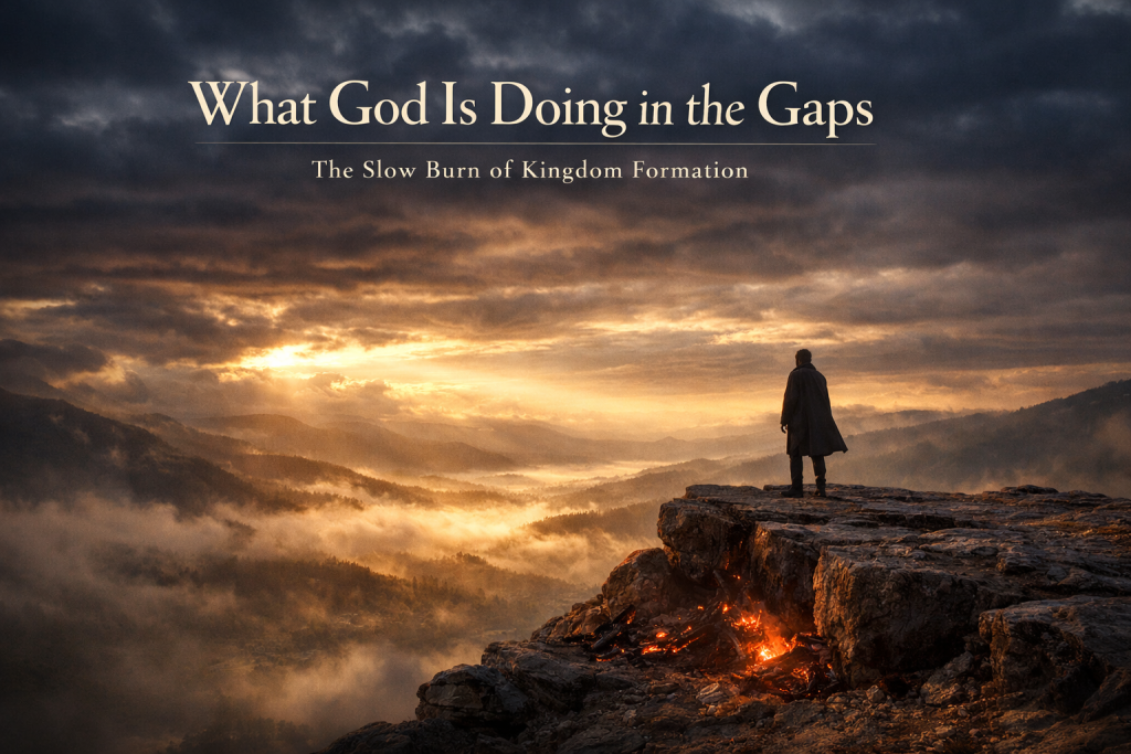 Wide-angle cinematic dawn landscape of a solitary figure standing on a rugged cliff overlooking a mist-covered valley, golden sunlight breaking through dark clouds. Subtle glowing embers burn near the cliff edge. In the sky, elegant serif title text reads “What God Is Doing in the Gaps” with the subtitle “The Slow Burn of Kingdom Formation.”