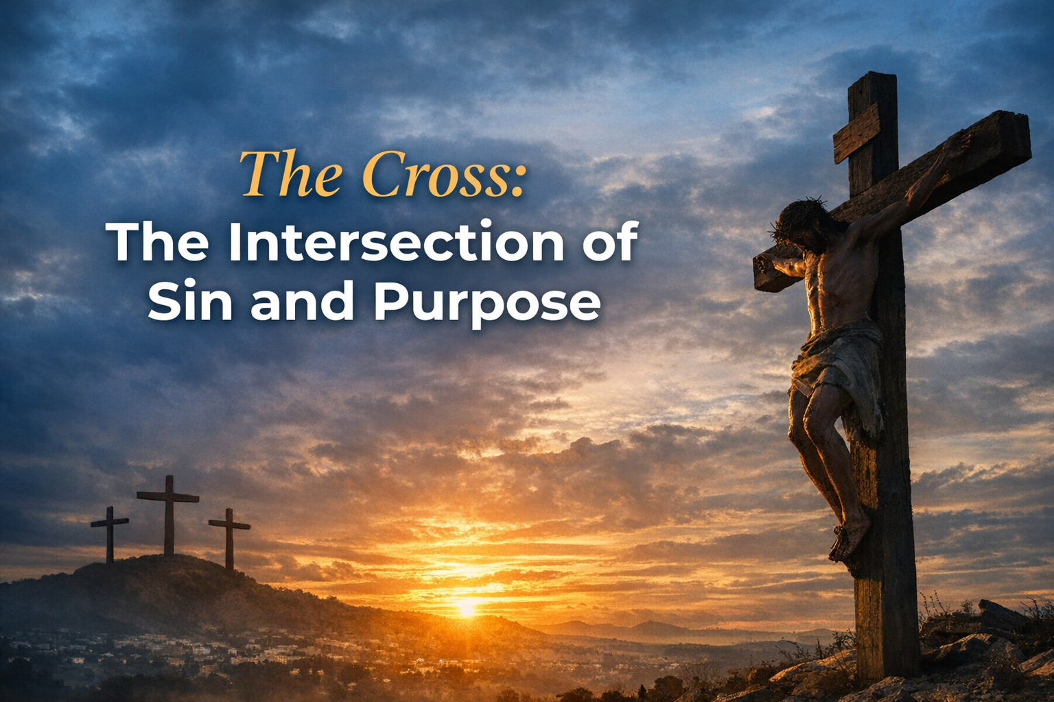 The Cross: depiction of Jesus' crucifixion symbolizing the intersection of sin and purpose, with three crosses in the background under a dramatic sunset.
