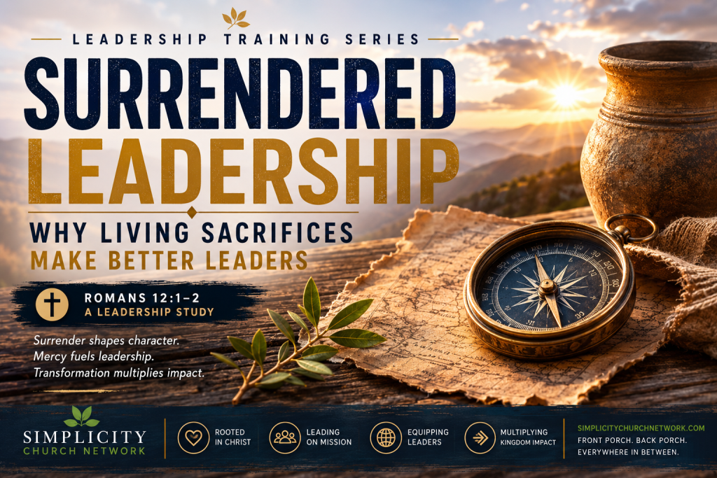 Surrendered Leadership leadership training graphic featuring a compass, journal, mountain sunrise, and Romans 12:1&ndash;2, illustrating how surrender shapes Christian leaders and Kingdom influence.