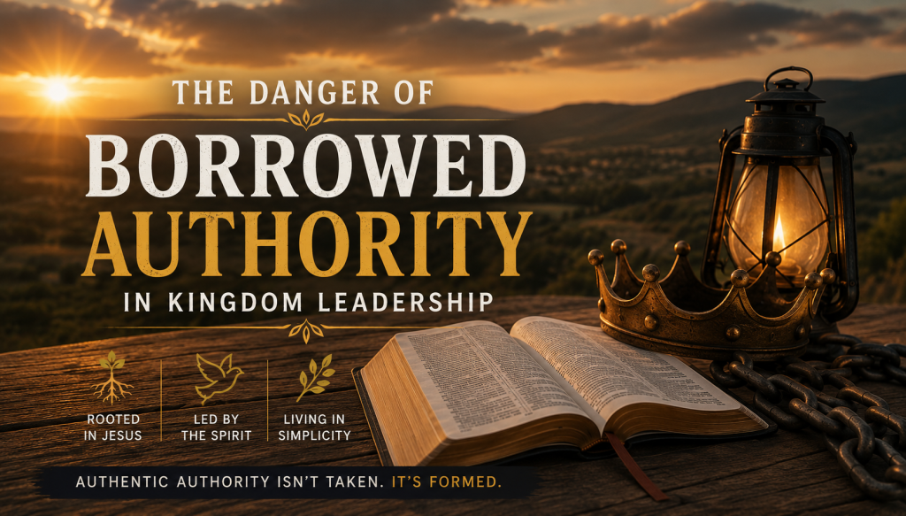 Promotional banner with a sunset, open Bible, crown and lantern, and the title 'The Danger of Borrowed Authority in Kingdom Leadership.'