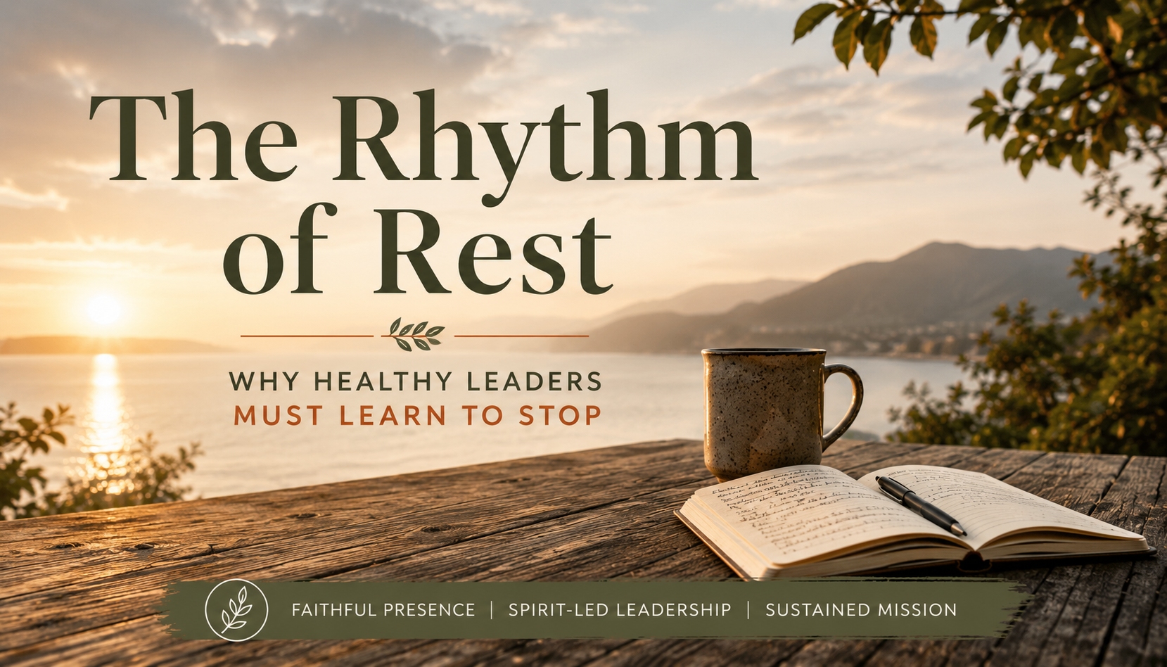Mountain landscape at sunset and a mug of coffee, open book, illustrating healthy leadership and the rhythm of rest.