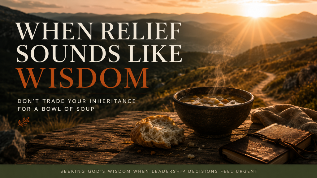Mountain landscape and bowl of soup symbolizing wisdom under pressure for Christian leaders.