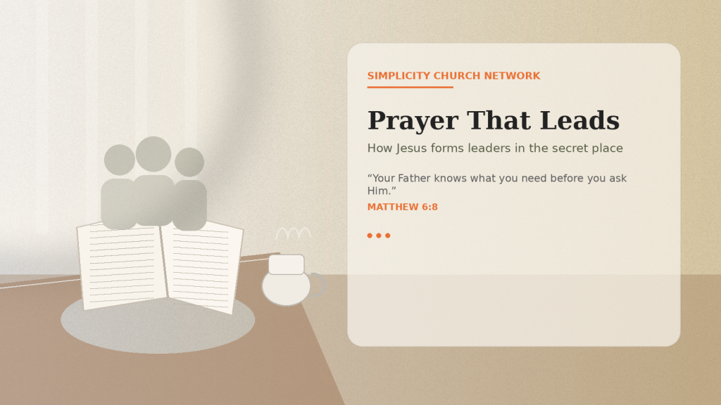 Simplicity Church Network: Prayer that leads, Jesus forming leaders in the secret place, open Bible and illustration of people praying.