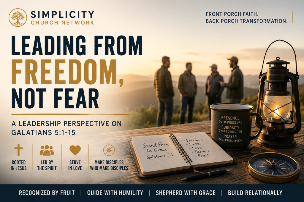 Leadership teaching graphic with the words &ldquo;Leading From Freedom, Not Fear,&rdquo; featuring a lantern, open notebook, compass, and leaders gathered at sunset, based on Galatians 5:1&ndash;15.