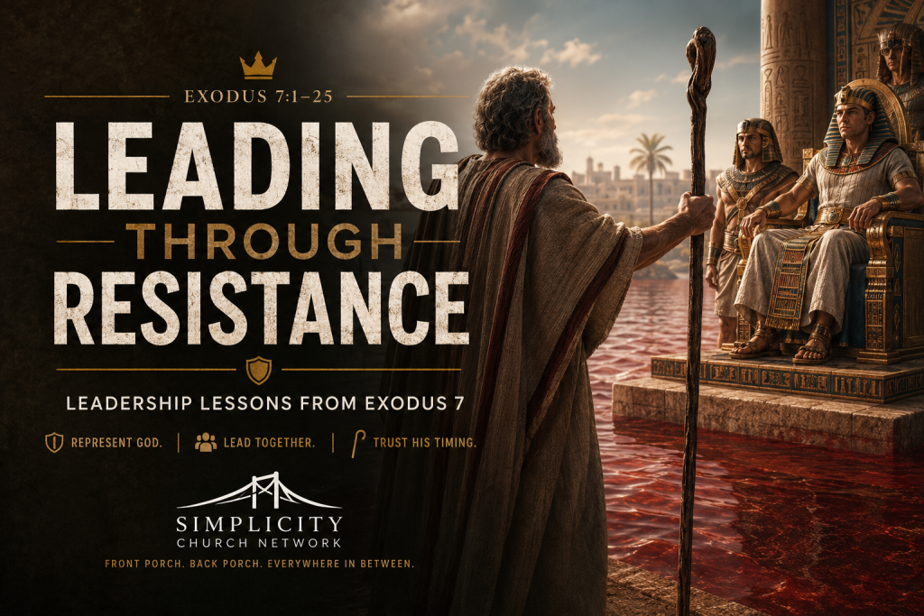 Moses stands with his staff before Pharaoh beside the blood-red Nile in a leadership training graphic titled &ldquo;Leading Through Resistance: Leadership Lessons from Exodus 7.&rdquo;