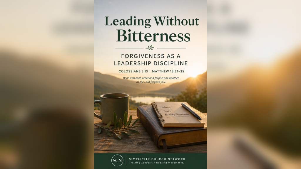Wide-format leadership graphic with a Bible, notebook, coffee mug, and olive branches beneath the title “Leading Without Bitterness,” highlighting forgiveness as a leadership discipline from Colossians 3:13 and Matthew 18:21–35.