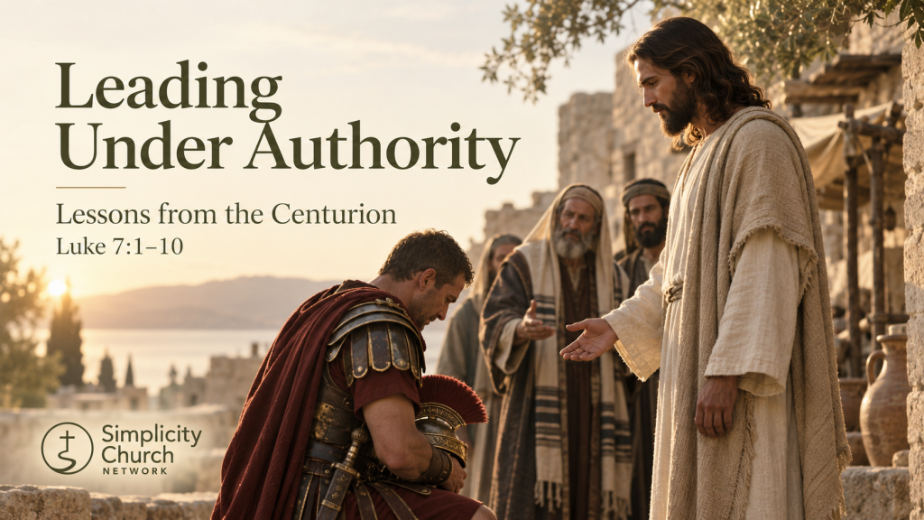 Roman centurion kneeling before Jesus in Capernaum, illustrating humble leadership, delegated authority, and trust in Christ from Luke 7:1–10.